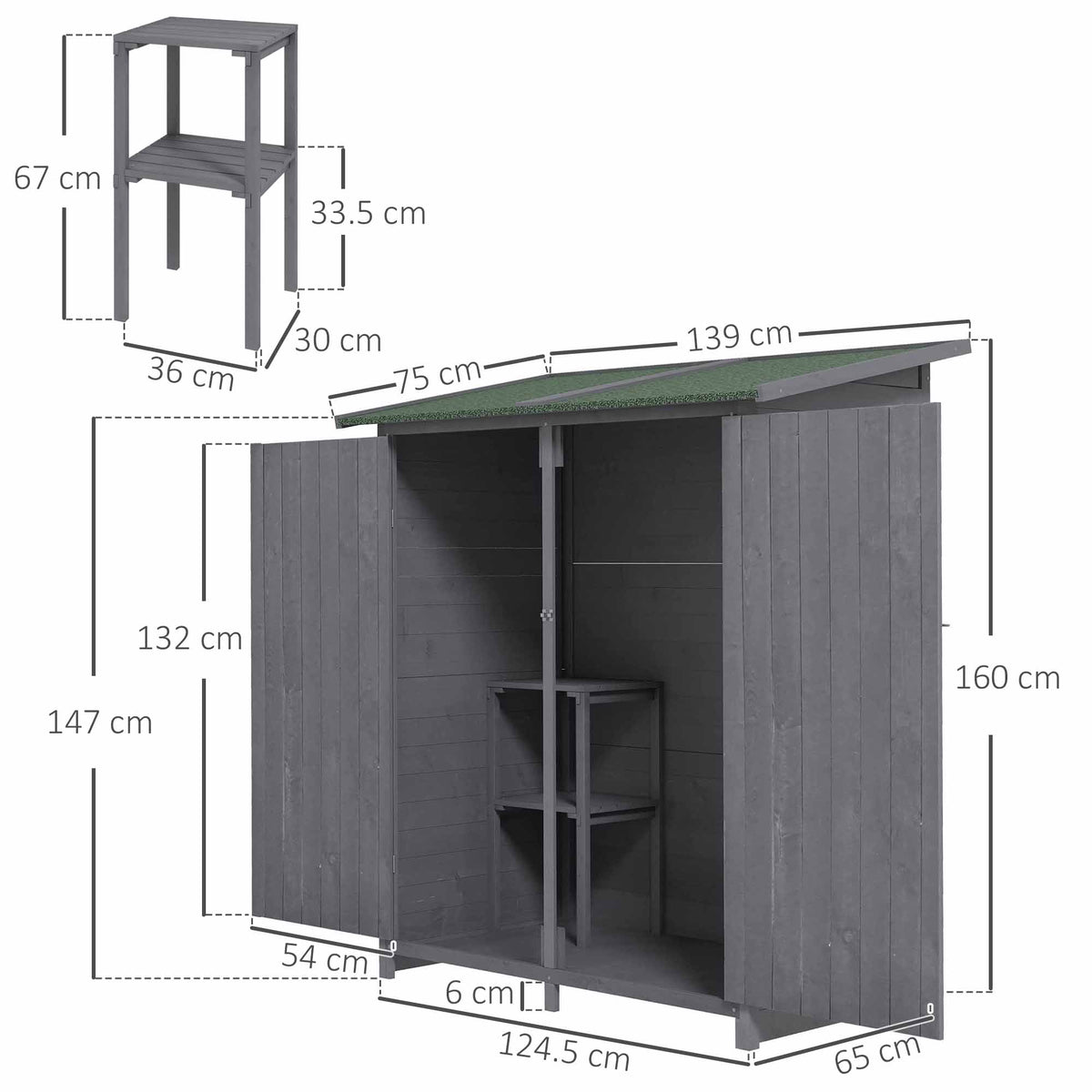 Outsunny 139 x 75 Fir Wood Garden Shed with Asphalt Roof and Secure Double Doors - Grey