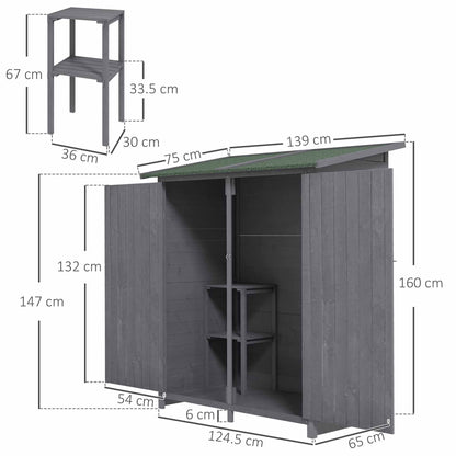 Outsunny 139 x 75 Fir Wood Garden Shed with Asphalt Roof and Secure Double Doors - Grey