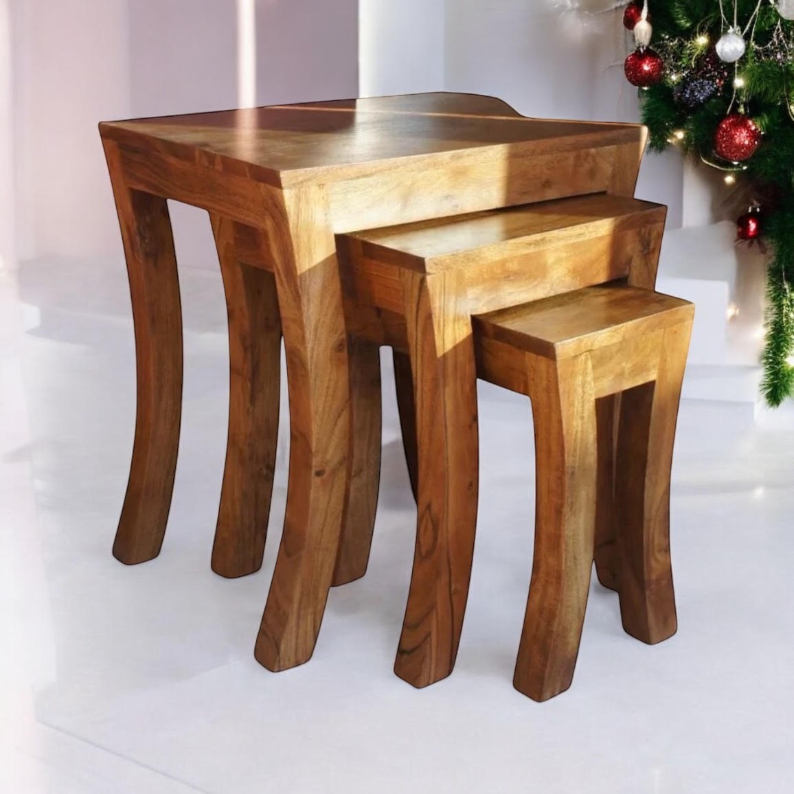 AcaciaHome Durable and Stylish 45CM Set of 3 Nesting Tables - Compact, Sturdy, and Elegant Wood Design for Space-Saving Solutions - Perfect for Living Rooms, Bedrooms, and Offices (50CM)