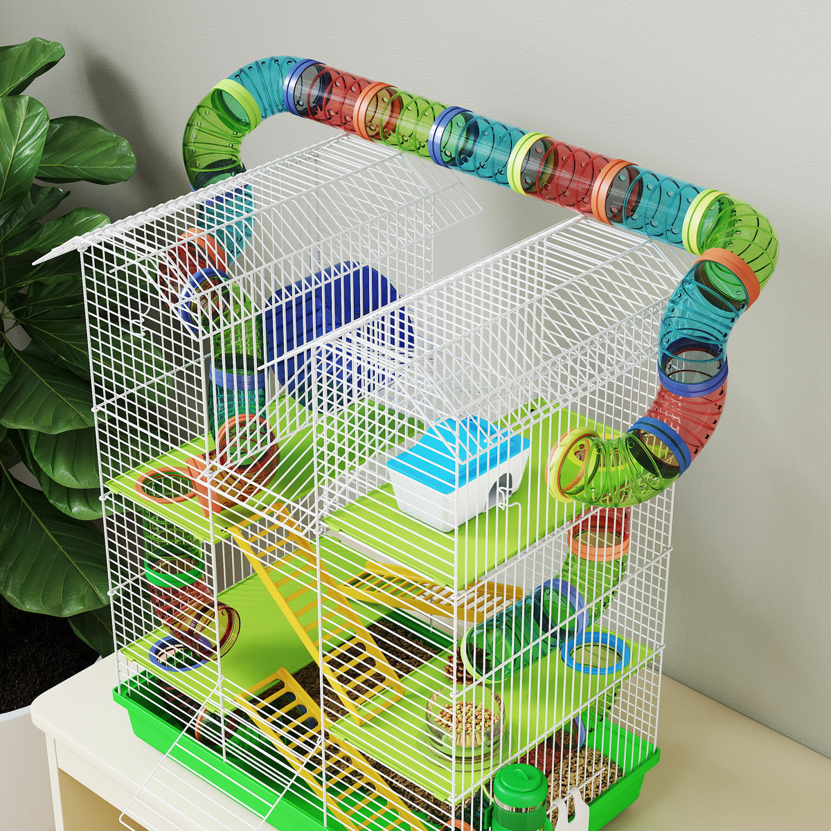 PawHut Hamster Cage, 5 Tier Carrier Habitat with Exercise Wheels Tunnel Tube Water Bottle Dishes House Ladder, Gerbil Cage for Dwarf Mice, Green