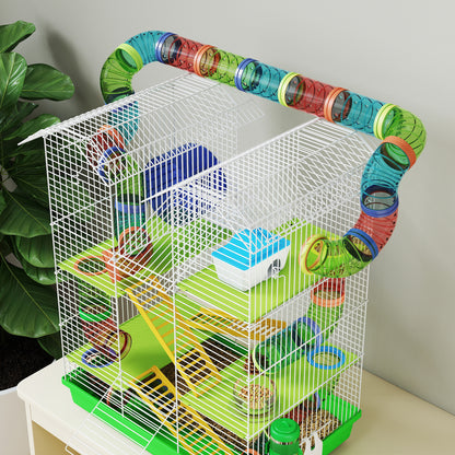 PawHut Hamster Cage, 5 Tier Carrier Habitat with Exercise Wheels Tunnel Tube Water Bottle Dishes House Ladder, Gerbil Cage for Dwarf Mice, Green