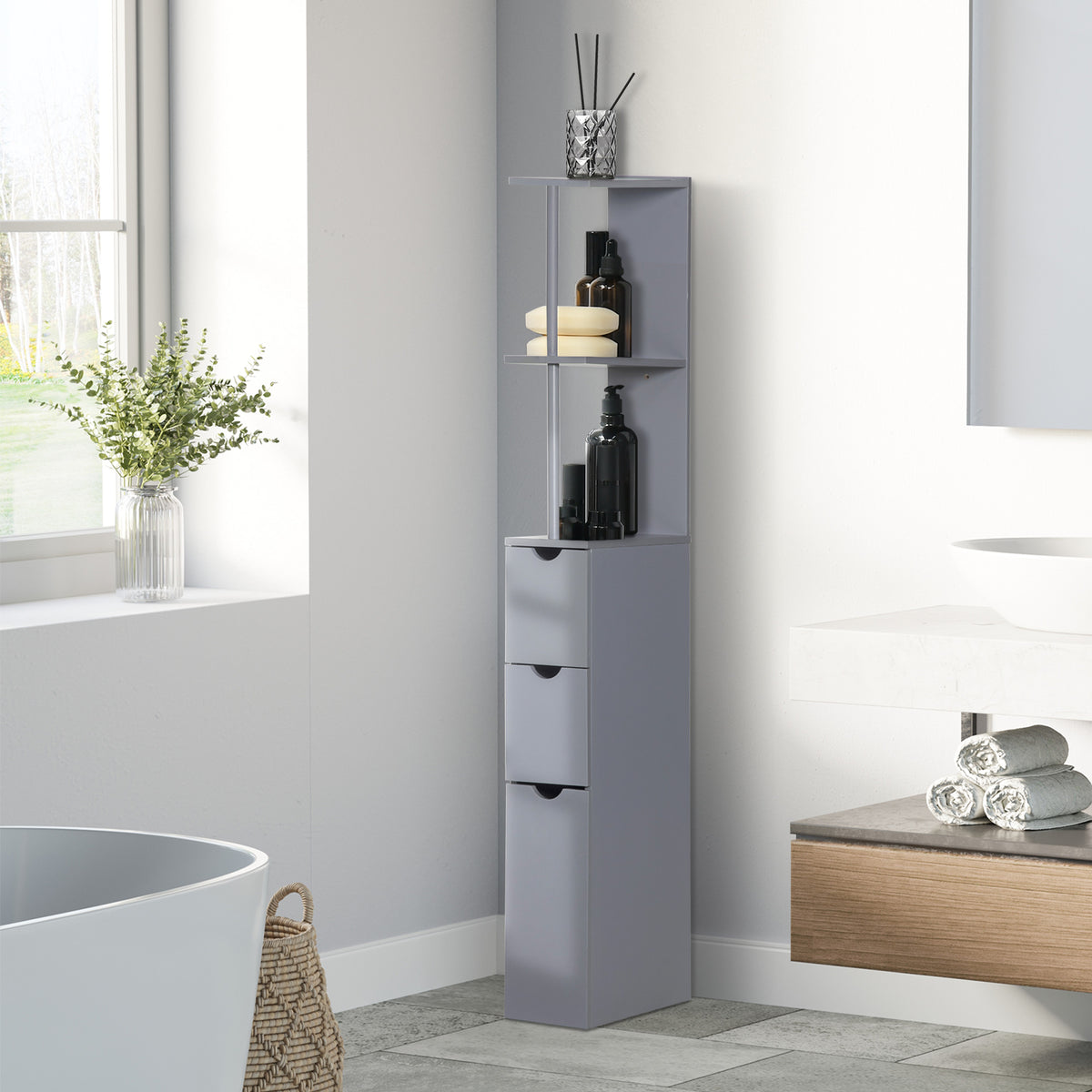 HOMCOM Tall Bathroom Cabinet, Freestanding Slim Bathroom Storage Cabinet with 2-Tier Open Shelf and 2 Drawers for Small Space, Narrow Cupboard Storage Unit, Grey
