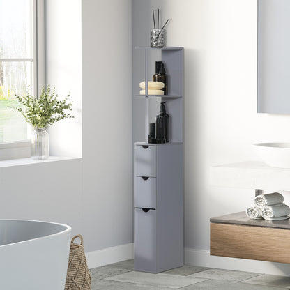HOMCOM Tall Bathroom Cabinet, Freestanding Slim Bathroom Storage Cabinet with 2-Tier Open Shelf and 2 Drawers for Small Space, Narrow Cupboard Storage Unit, Grey
