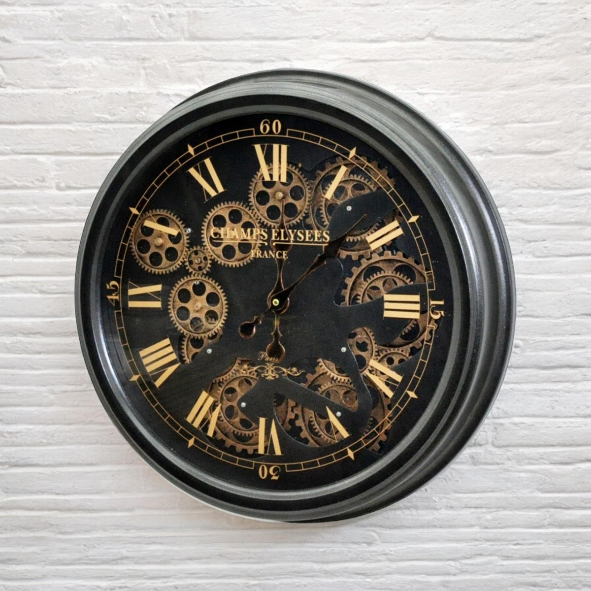 Stylish & Decorative Industrial with Roman Numerals Round Wall Clock - Modern Design, Moving Gears, Battery-Operated Quartz Movement Timepiece for Living Room & Home (Black 52cm (Champs Elysees))