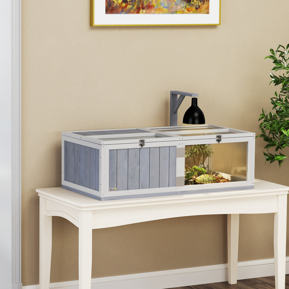 PawHut Wooden Tortoise House with Lamp Holder, Clear Windows, Openable Tops, Built-In Tray, Light Grey