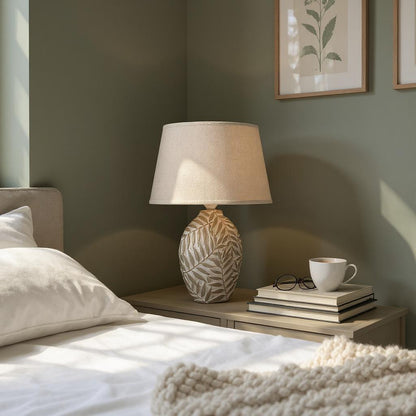 Ceramic Table Lamp with Minimalist Design, Textured Base and Fabric Shade, Ideal for Ambient Light in Any Room