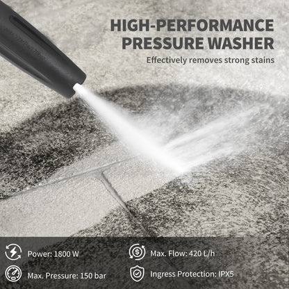 Outsunny 1800W High Pressure Washer, 150 Bar Pressure, 420 L/h Flow, Portable Power Washer Jet Wash Cleaner with Adjustable Nozzle, 6M Hose, Hose Reel, Steel Handle for Home Patio Car Driveway, Blue