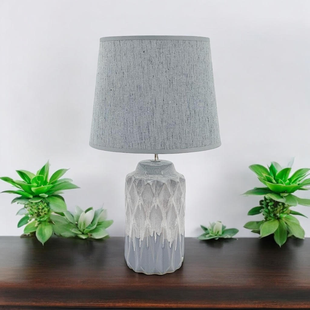 AcaciaHome Modern and Classic Cute Grey Two-Tone Ceramic Table Lamp with White Drum Shade - Perfect Stylish and Functional Hall Light for Living Room. Bedroom, and Office Decor (43CM)