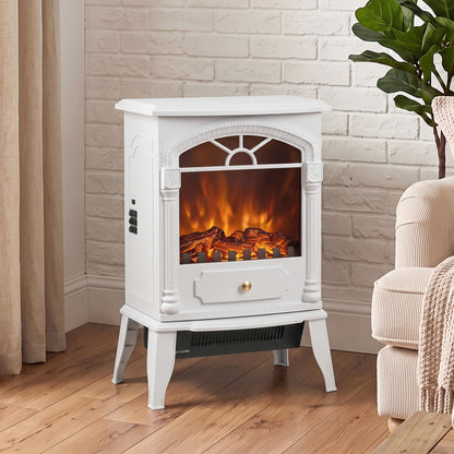 HOMCOM Freestanding Portable Fireplace, Electric Fireplace Stove Heater with 3D Flame Effect and Adjustable Thermostat, White