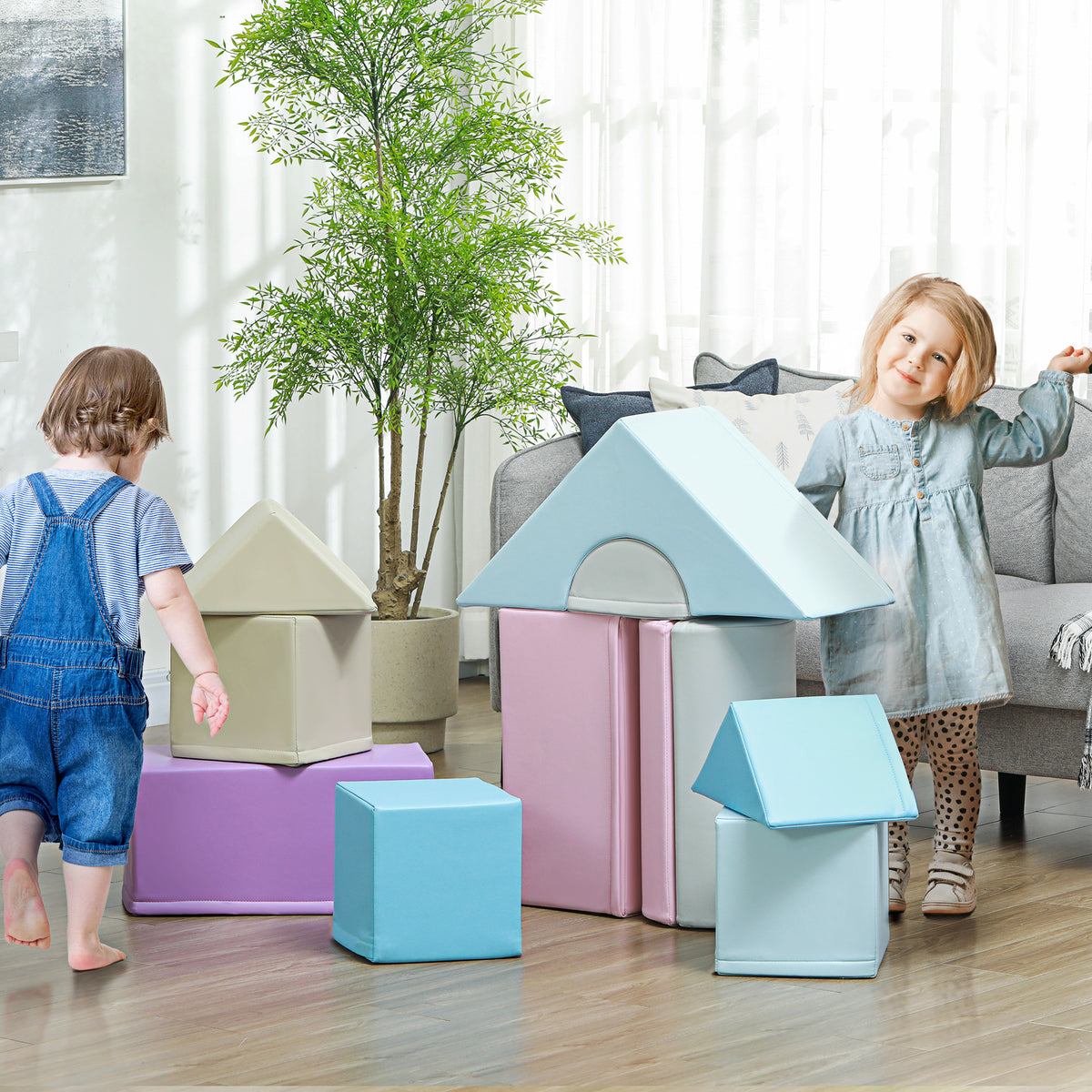 HOMCOM 11-Piece Kids Soft Play Set, Foam Block, Toys for Climbing, Crawling, Blue
