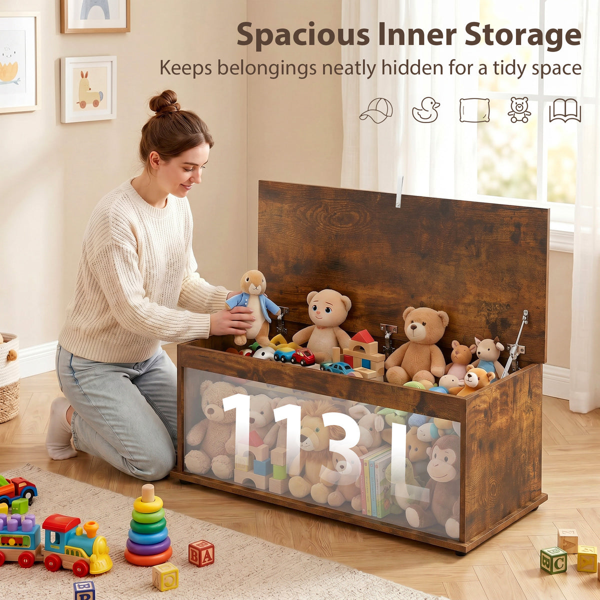 HOMCOM Storage Chest, Large 114L Blanket Box, Shoe Bench with Safety Hinged Lid, Storage Trunk, Bed End Bench for Bedroom, Hallway, Living room, Playroom, 100 x 40 x 40cm, Rustic Brown