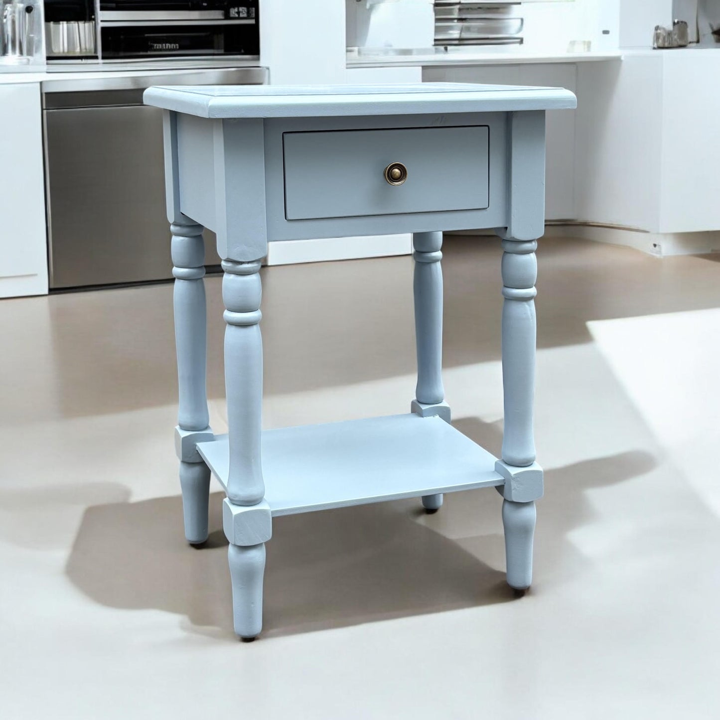 Modern and Stylish Bedside Wooden Side Table with 1 Drawer and Shelf - Sleek Art Deco Solid Pine Wood Side Tables with Storage for Home, Office, Living Room, and Hallways Decor (Solid, Sky Blue)