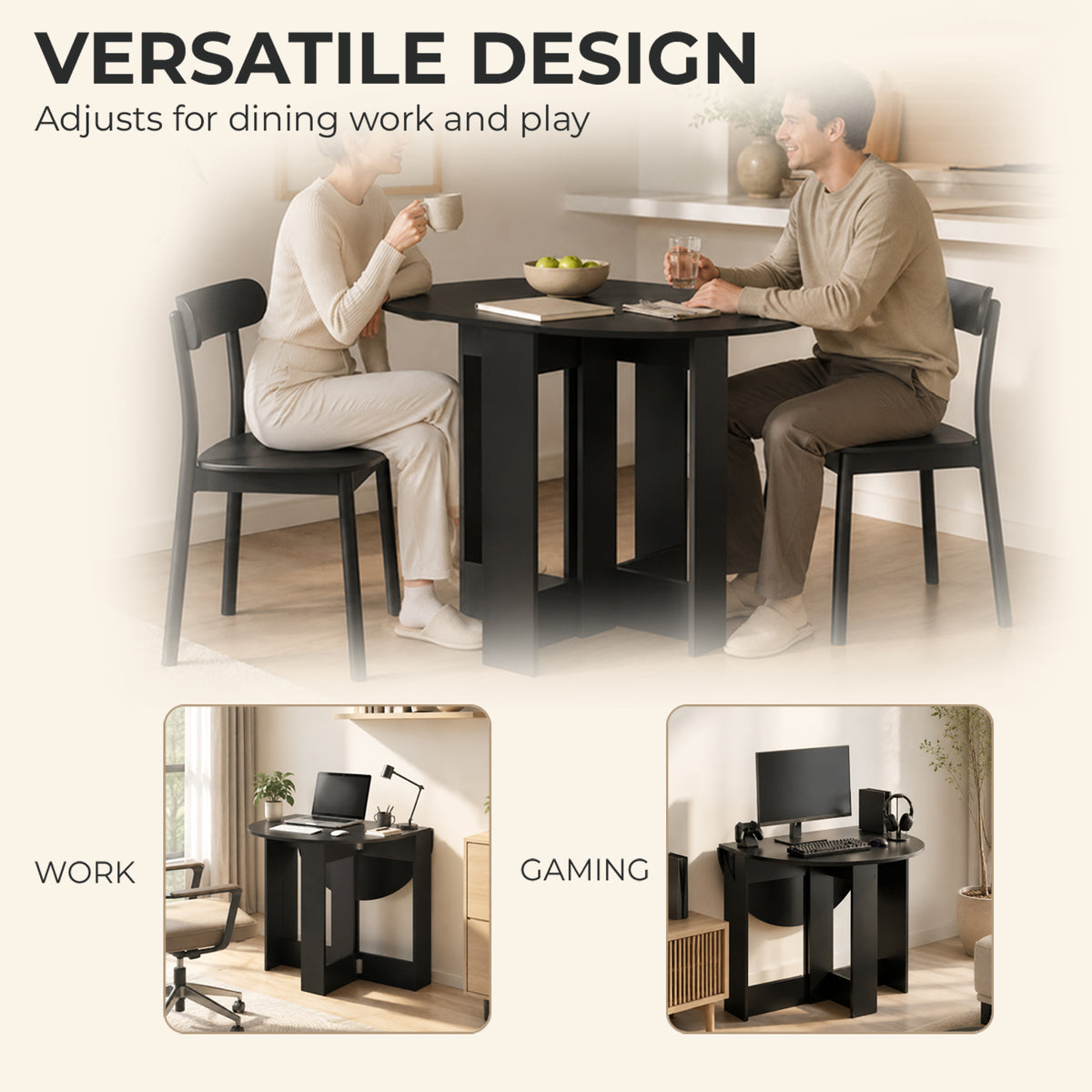 HOMCOM Folding Dining Table,  Drop-Leaf Table with Foldable Leaves for Small Spaces, Kitchen, Dining Room, Black