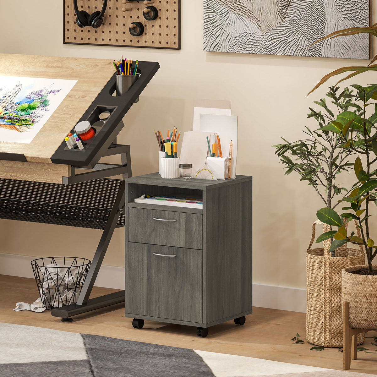 HOMCOM Filing Cabinet, Mobile File Cabinet with 2 Drawers, Office Home Organiser on Wheels for A4, Letter-Size File Folders, Mobile Printer with Open Shelf, Grey