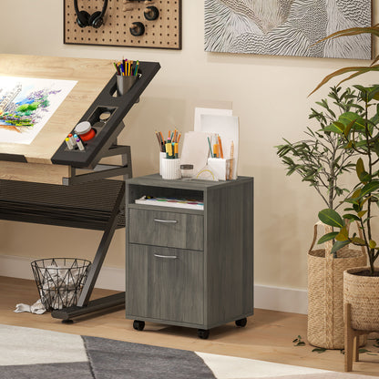 HOMCOM Filing Cabinet, Mobile File Cabinet with 2 Drawers, Office Home Organiser on Wheels for A4, Letter-Size File Folders, Mobile Printer with Open Shelf, Grey