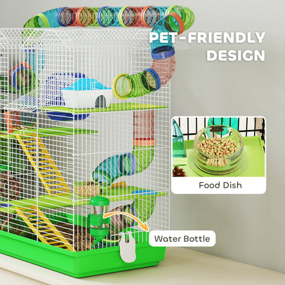 PawHut Hamster Cage, 5 Tier Carrier Habitat with Exercise Wheels Tunnel Tube Water Bottle Dishes House Ladder, Gerbil Cage for Dwarf Mice, Green