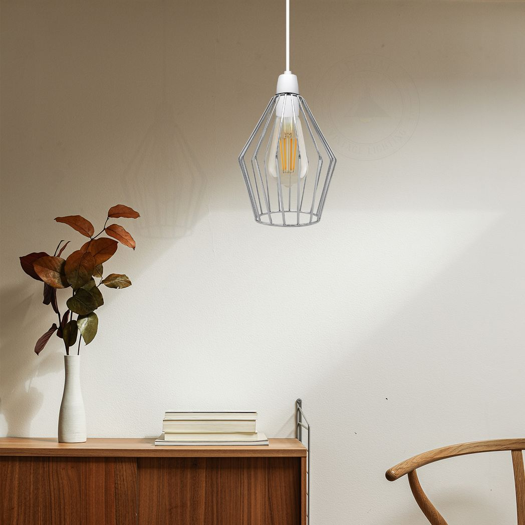 Modern Vintage Chrome Industrial Metal Rustic Lampshade Vintage Light Open Wire Frame cage Diamond Geometric Shape Lamp