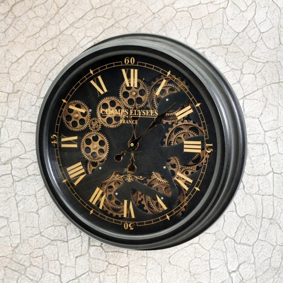 Stylish & Decorative Industrial with Roman Numerals Round Wall Clock - Modern Design, Moving Gears, Battery-Operated Quartz Movement Timepiece for Living Room & Home (Black 52cm (Champs Elysees))