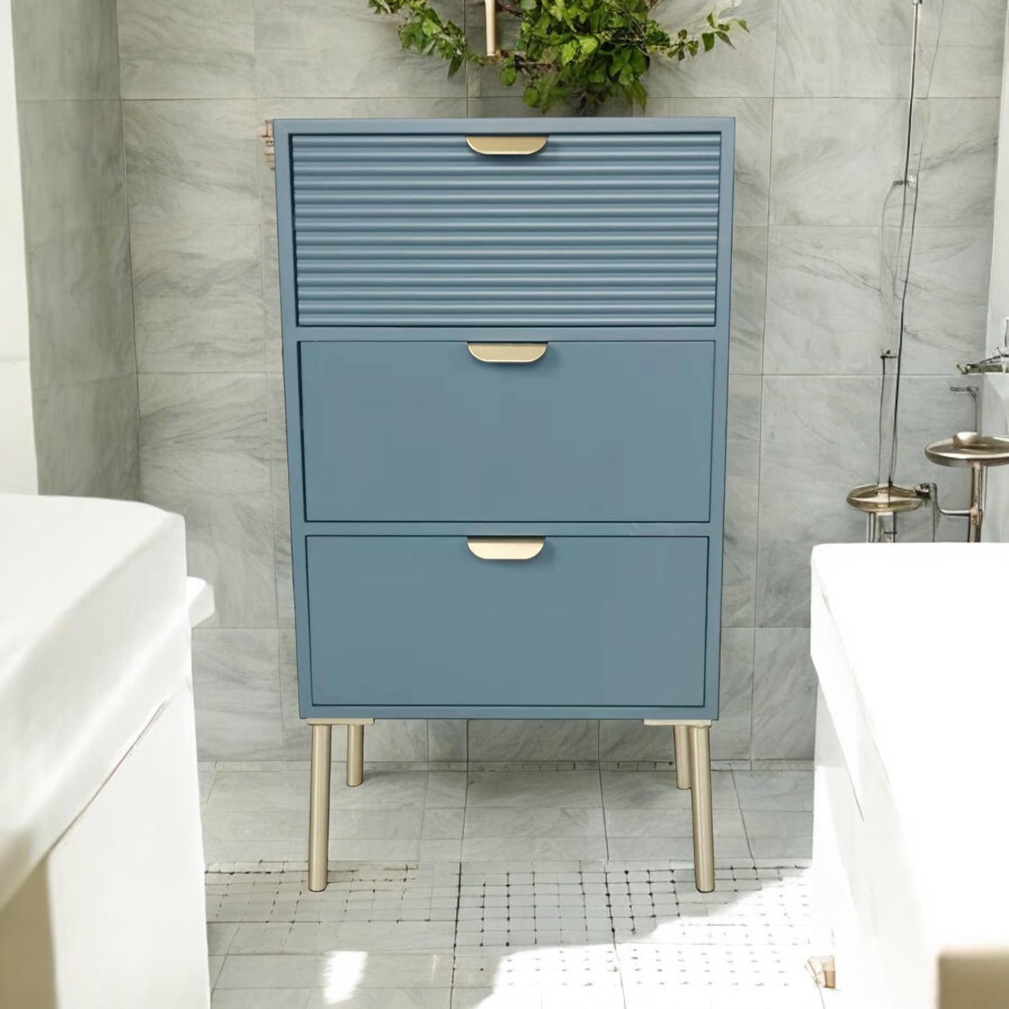 AcaciaHome Durable and Functional Wooden 3 Drawer Chest – Compact Storage Solution with 3-drawer chest, pine top, metal handles, and ample storage in a sleek for modern bedrooms (Blue)