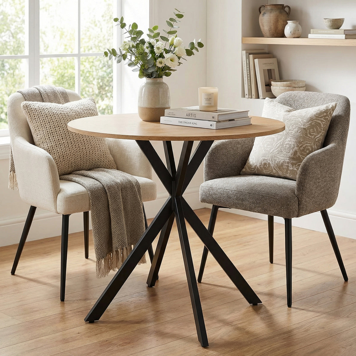 HOMCOM 80cm Industrial Round Dining Table - White Oak