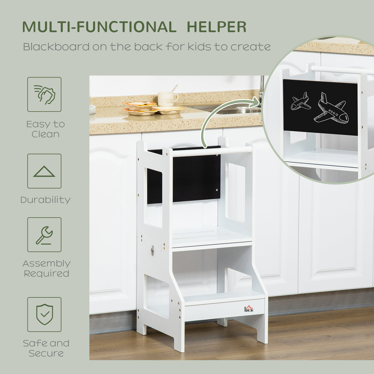 HOMCOM Toddler Learning Tower, 2 in 1 Toddler Step Stool for Kids with Chalkboard and Security Rail, Foldable Step Stool for Kitchen Bathroom, Ages 3-6 Years, White