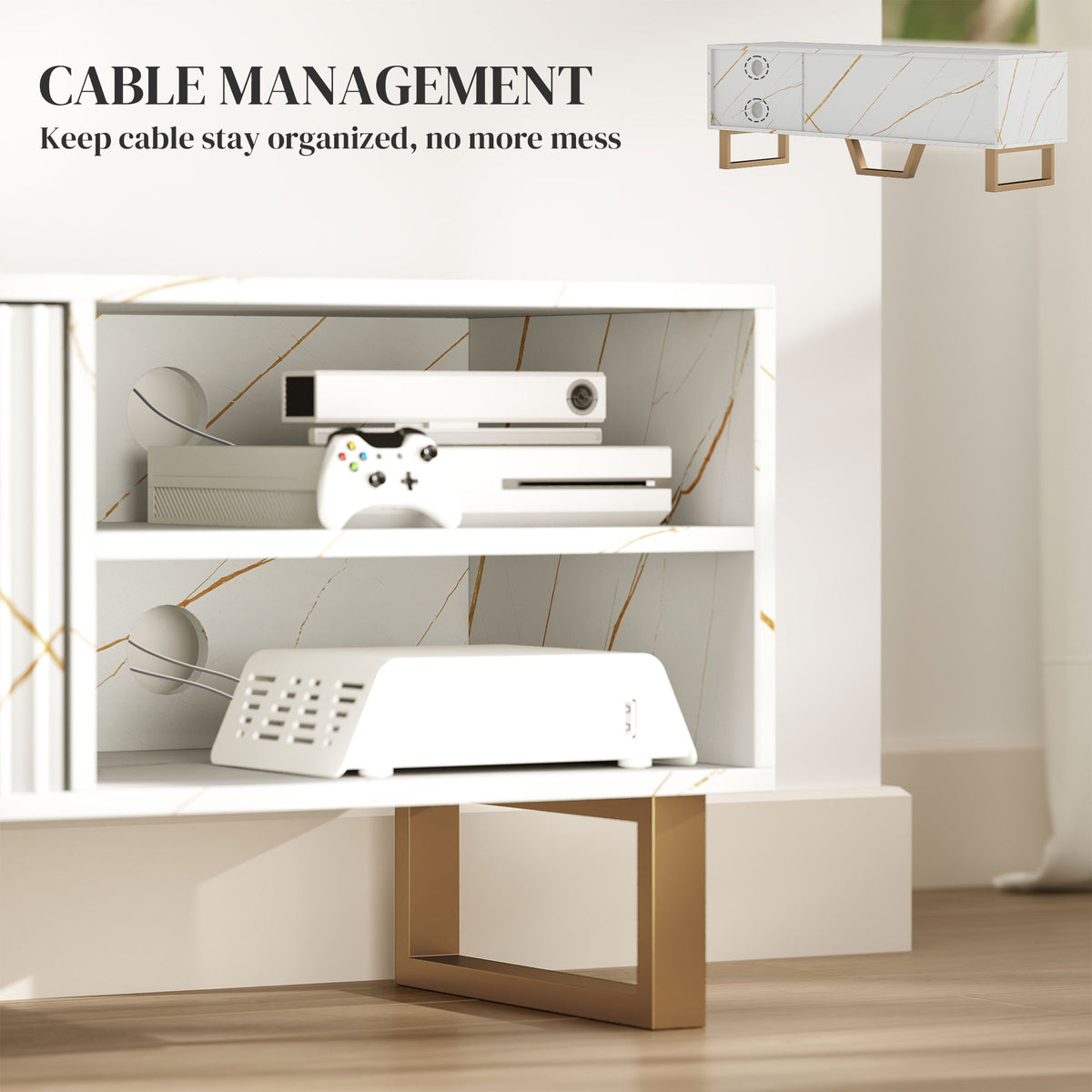 HOMCOM Marble Effect TV Unit, Modern TV Stand Cabinet for up to 70" TVs, with Shelves and Storage Cupboard, Fluted Door, Extra Centre Leg, Cable Management for Living Room, White