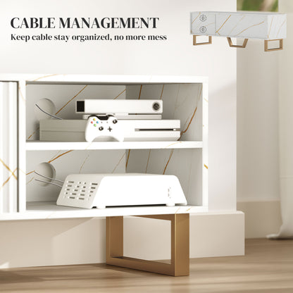 HOMCOM Marble Effect TV Unit, Modern TV Stand Cabinet for up to 70" TVs, with Shelves and Storage Cupboard, Fluted Door, Extra Centre Leg, Cable Management for Living Room, White