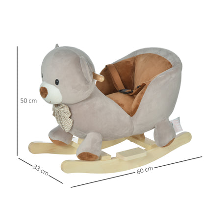 HOMCOM Kids Children Rocking Horse Plush Ride On Bear Seat w/ Sound Wood Base Seat Seat Belt Toddler Baby Toy for 18-36 Months Grey