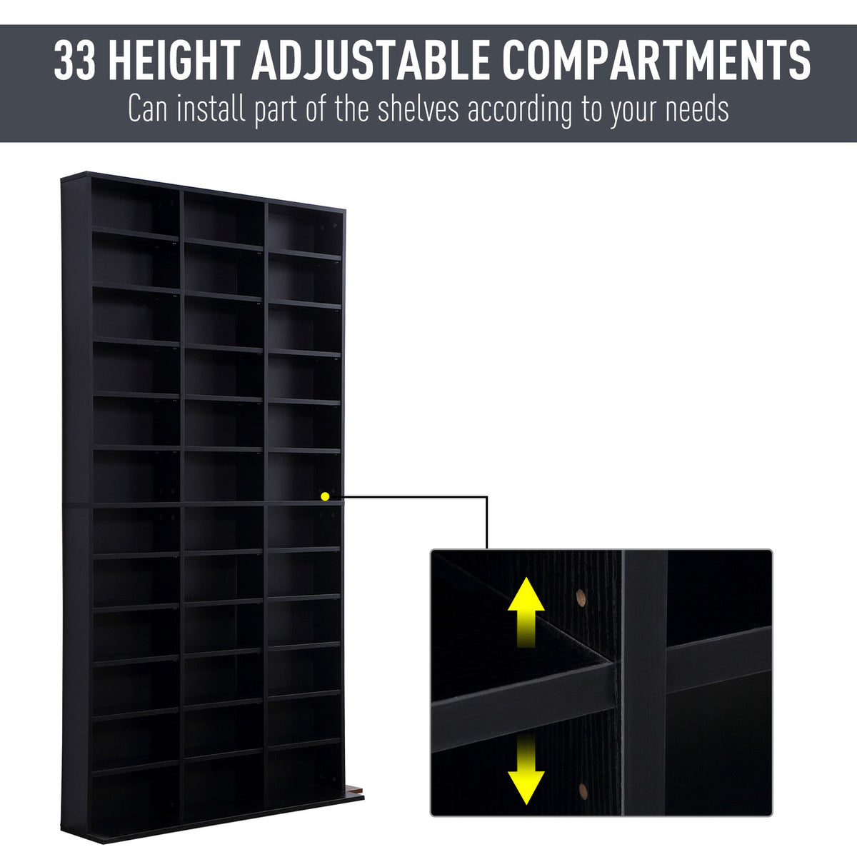 HOMCOM 1116 CD/ 528 DVD Storage Unit, Media Storage Shelf, Wooden Display Unit with Adjustable Shelves, 102 x 195 cm, Black