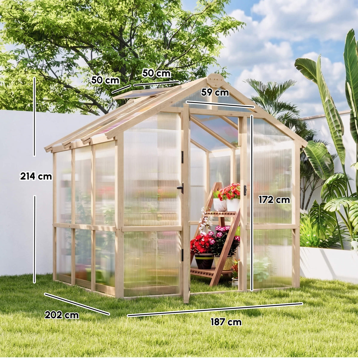 Outsunny 6.6 x 6ft Polycarbonate Greenhouse, Walk-in Wooden Greenhouse with Lockable Door and Window, Brown