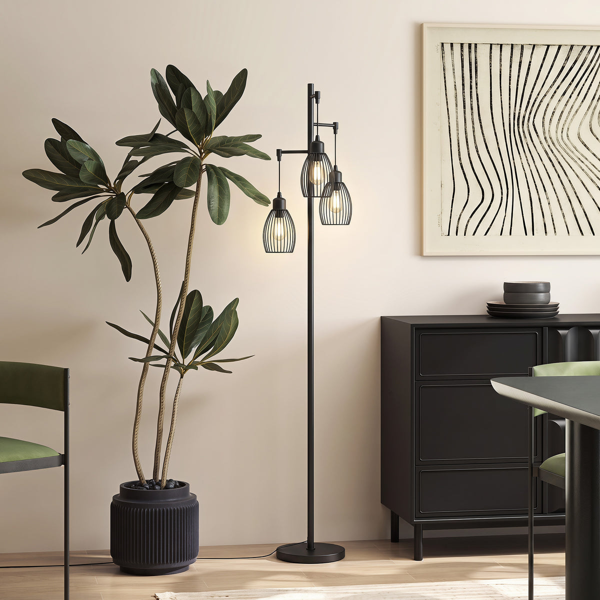 HOMCOM 3-Light Floor Lamp, 170cm Industrial Dimmable Standing Lamp with Steel Wire Cage Lampshades for Living Room, Bedroom, Dining Room, Study, Bulb Not Included, Black