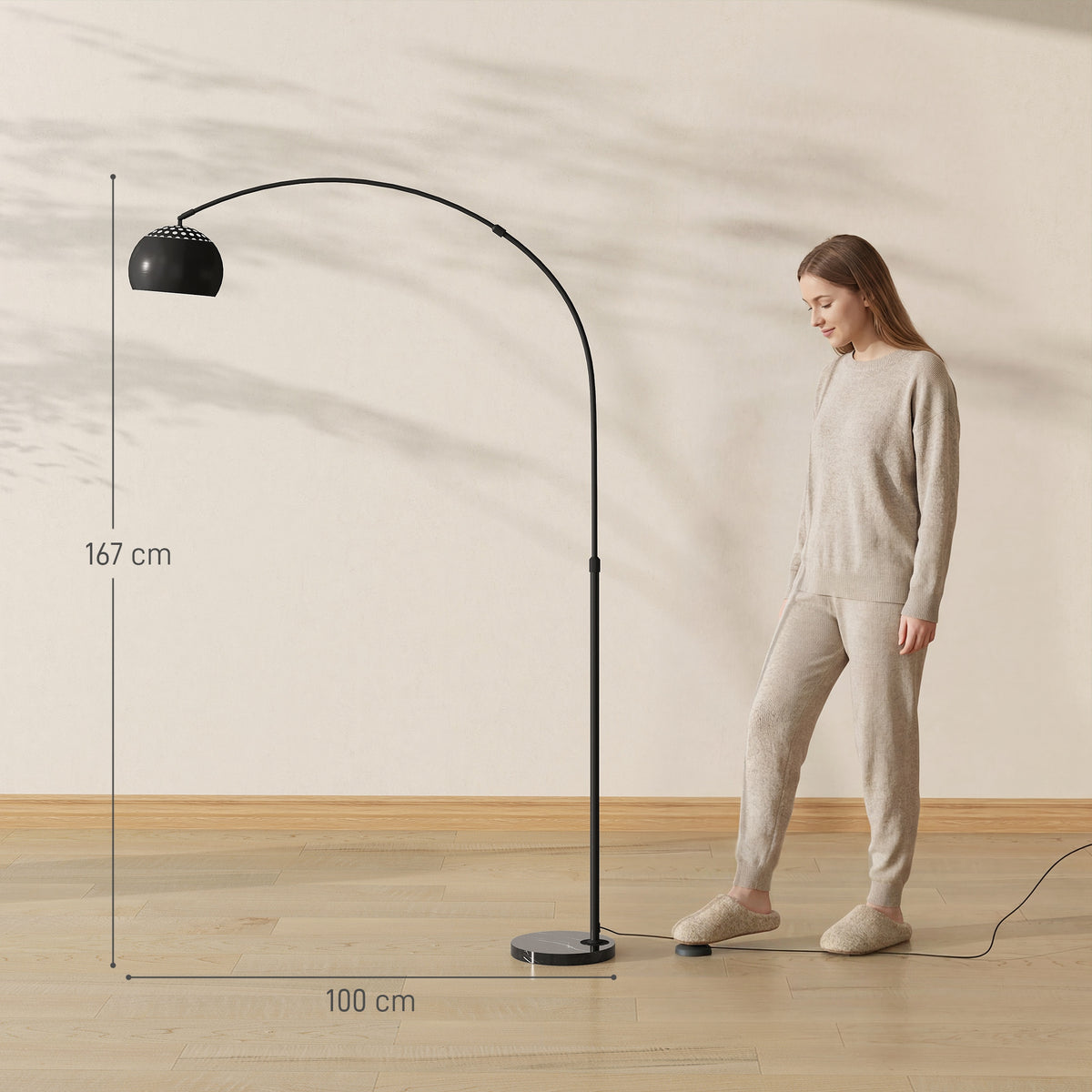 HOMCOM Arc Floor Lamp for Living Room, Modern Adjustable Standing Lamp with Faux Black Marble Base Black