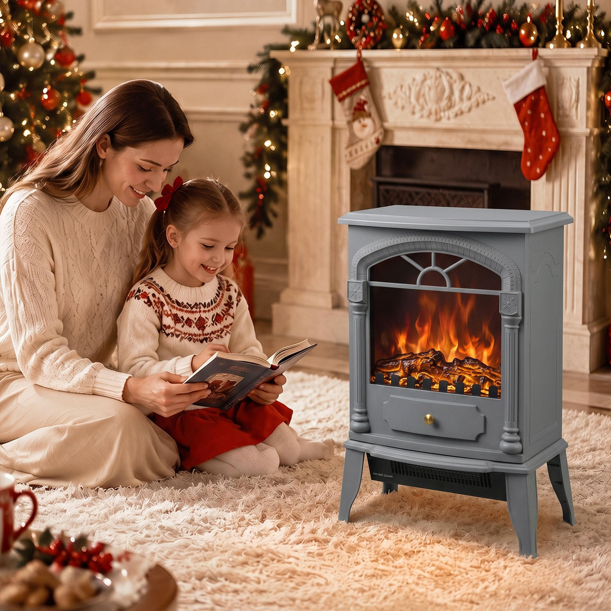 HOMCOM Freestanding Portable Fireplace, Electric Fireplace Stove Heater with 3D Flame Effect and Adjustable Thermostat, Grey
