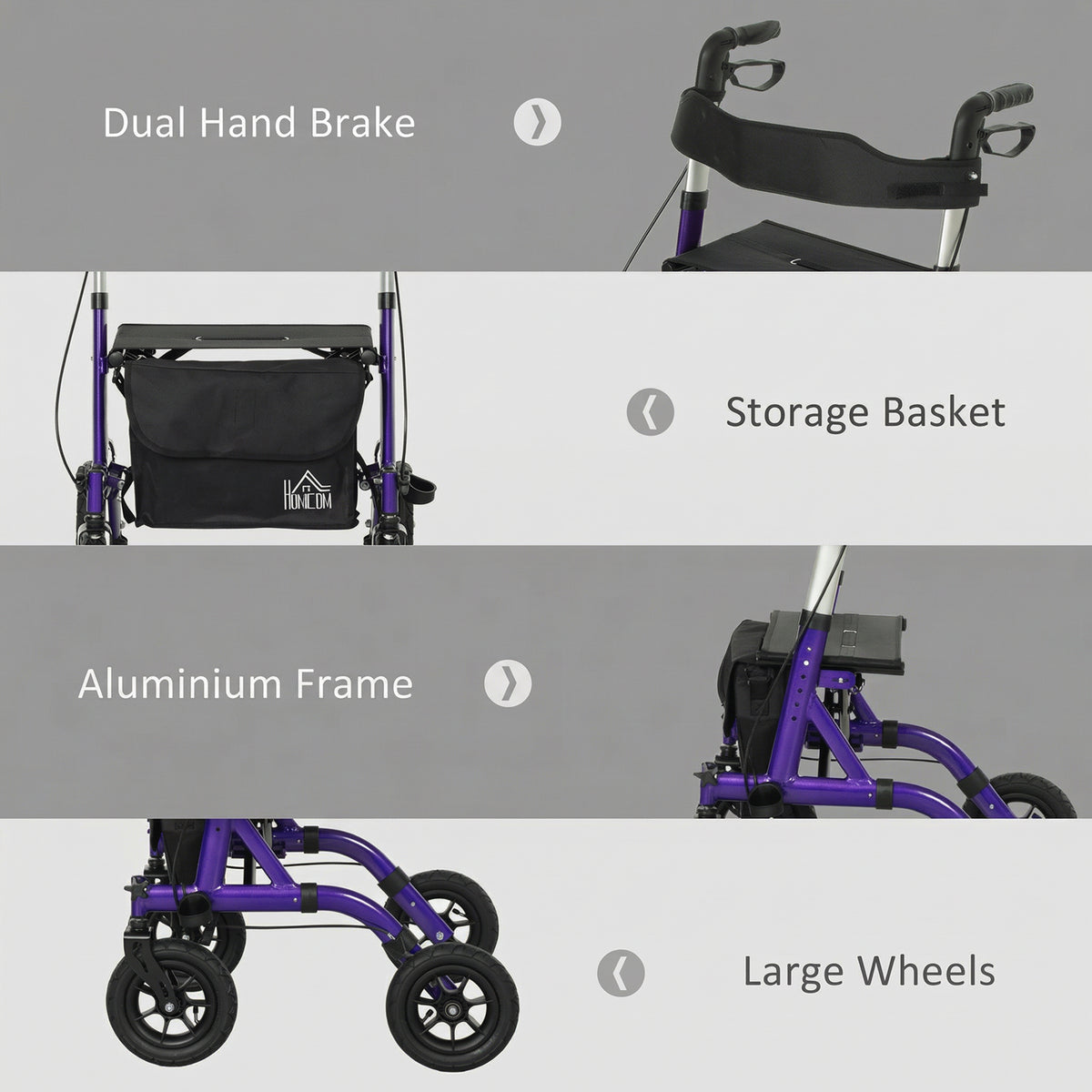 HOMCOM Folding Adjustable Rollator with Dual Brakes & 6 Adjustable Handle Heights for Seniors Purple