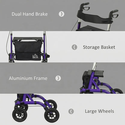 HOMCOM Folding Adjustable Rollator with Dual Brakes & 6 Adjustable Handle Heights for Seniors Purple