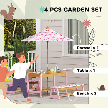 AIYAPLAY Kids Picnic Table Set with Removable & Foldable Umbrella, Storage Boxes, Flamingo Theme, Pink
