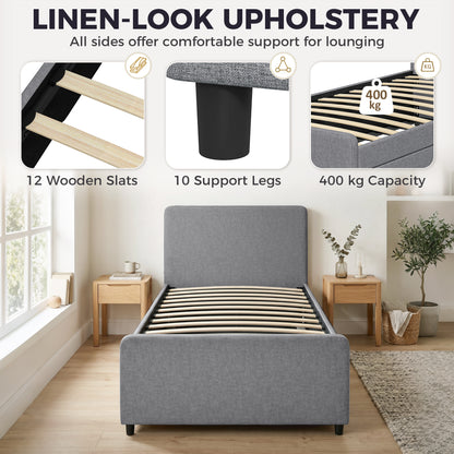 HOMCOM 3ft Single Bed Frame with Trundle, Upholstered Pull Out Trundle Bed with Headboard and Footboard, Dark Grey