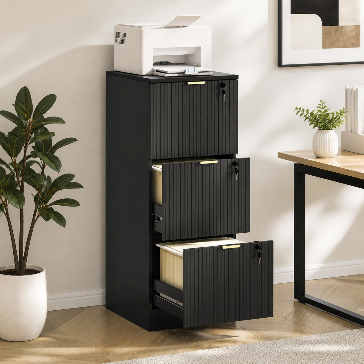 HOMCOM Filing Cabinet, Fluted Vertical File Cabinet with 3 Lockable Drawers and Hanging Rails, Black
