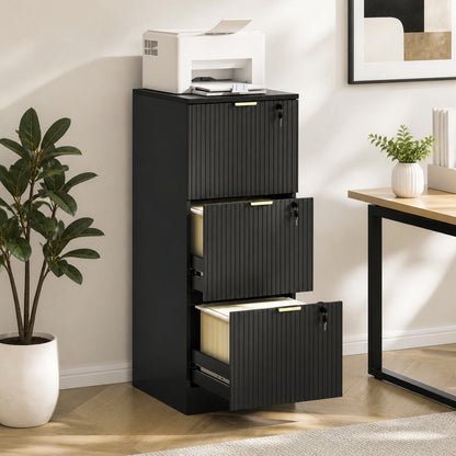 HOMCOM Filing Cabinet, Fluted Vertical File Cabinet with 3 Lockable Drawers and Hanging Rails, Black