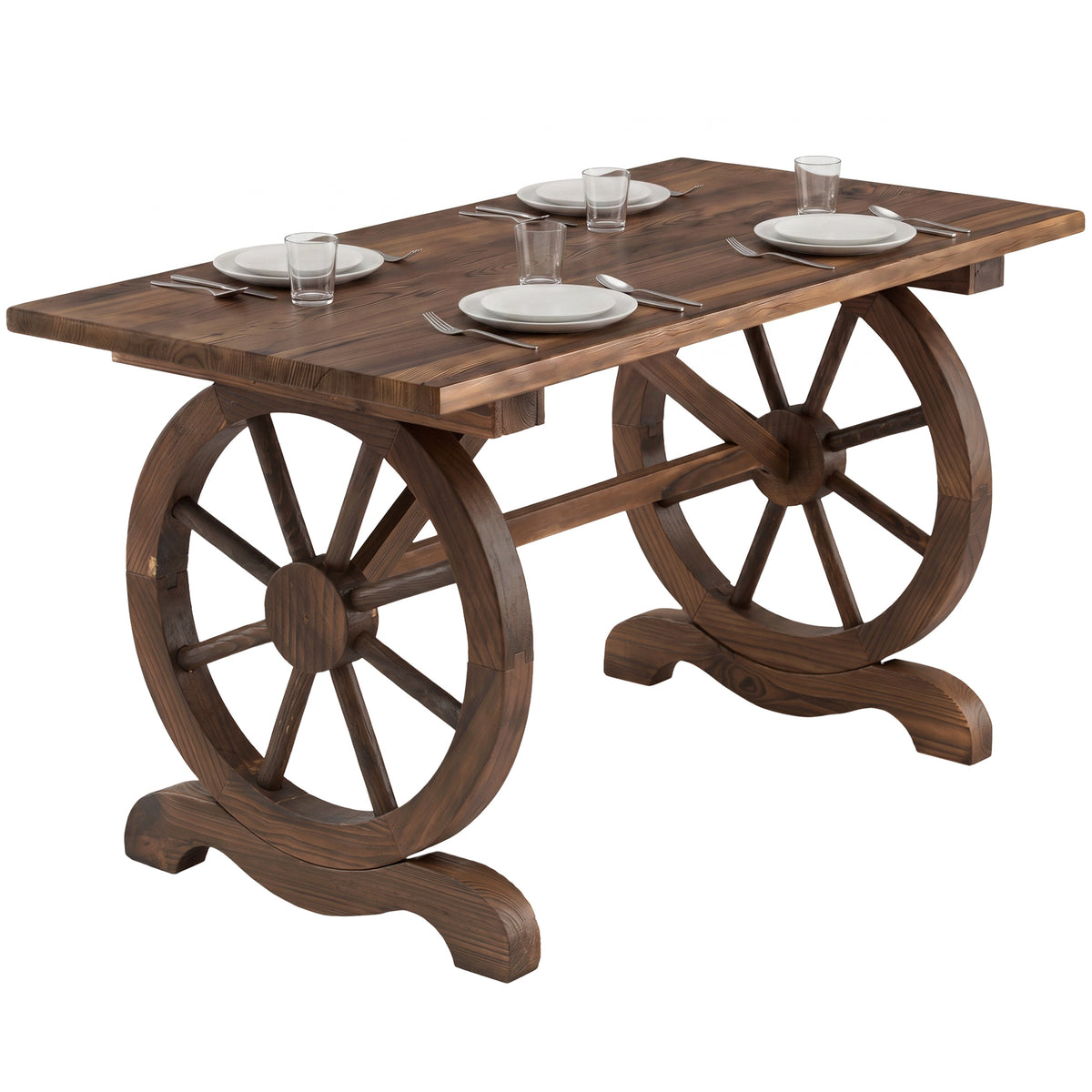 Outsunny Wooden Garden Dining Table, Wagon Wheel Outdoor Coffee Table with 3 cm Wood Top for Patio, Balcony, Terrace, 110 x 60 x 65 cm, Carbonised Finish
