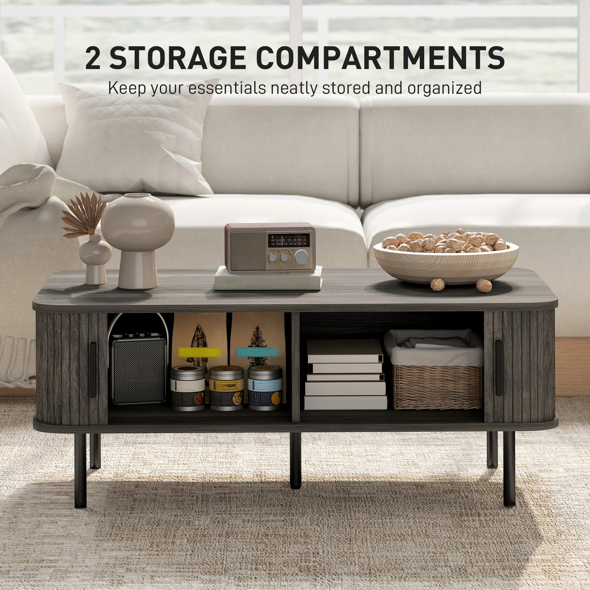 HOMCOM Coffee Table with Storage, Living Room Table with Slatted Tambour Sliding Doors and Adjustable Foot Pads, Rectangular Coffee Table with Elevated Base for Living Room, Grey Wood-Effect