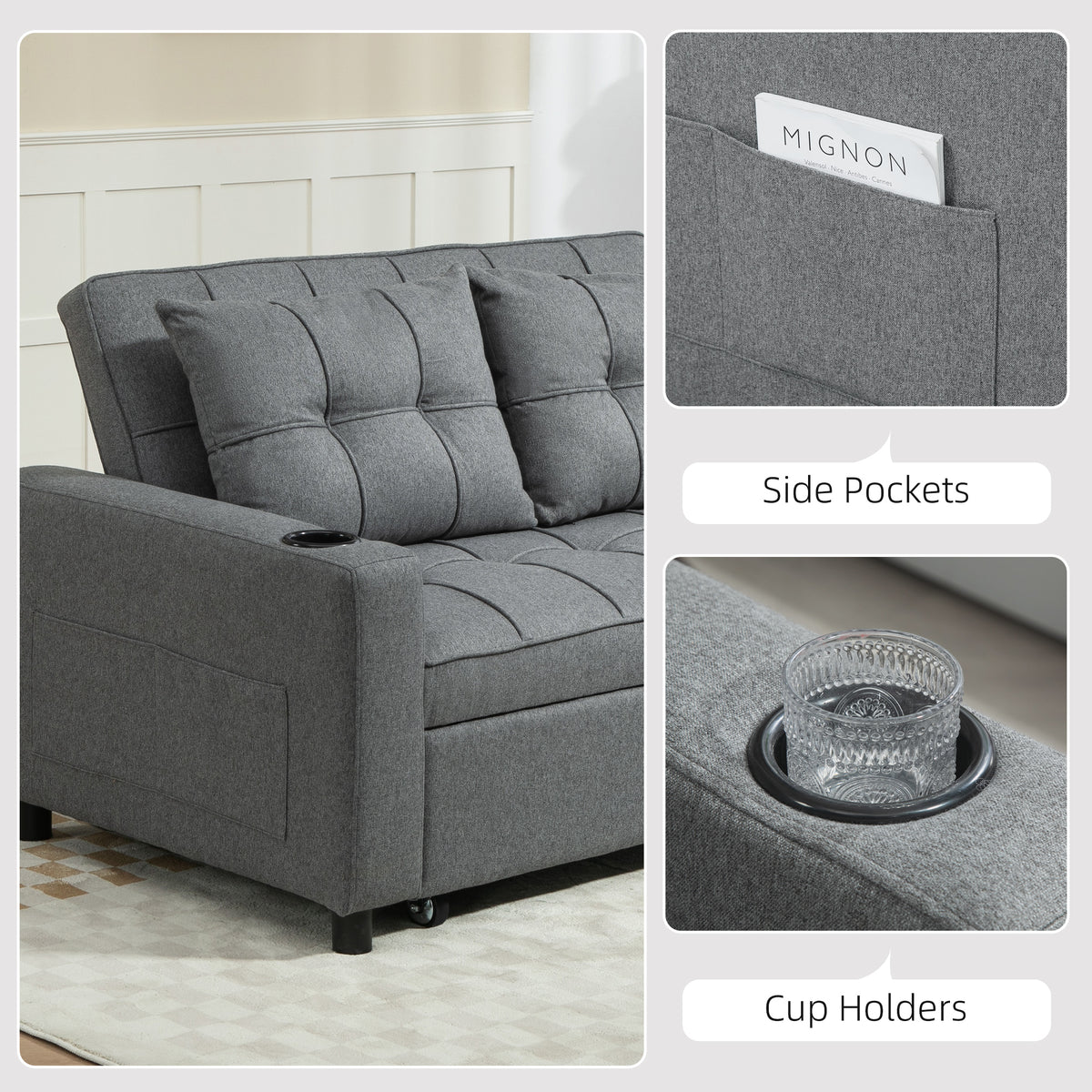 HOMCOM 2 Seater Sofa Bed Pull-Out Sofa Bed with 3-position adjustable backrest - Charcoal Grey