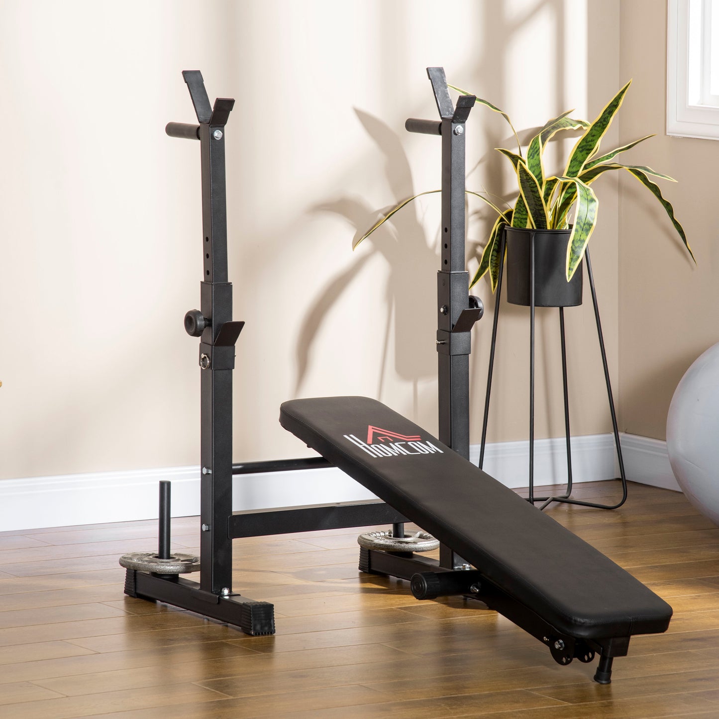 HOMCOM Adjustable Weight Bench with Barbell Rack and Dip Station, Black