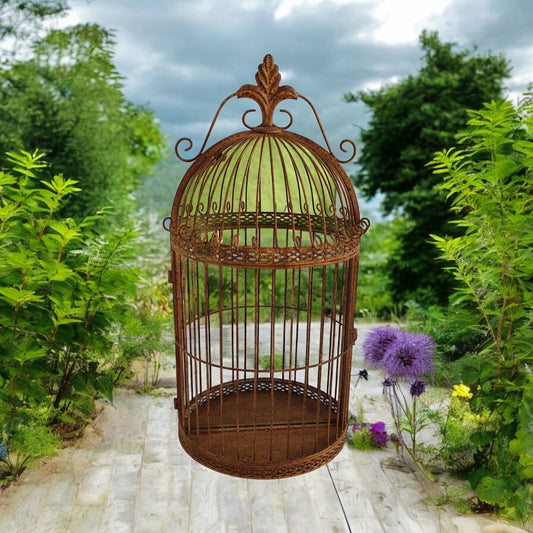 Durable Rustic Metal Bird Cage Wall Mirror 63cm Fleur De Lys Design Vintage-Style Garden Indoor & Outdoor Use Décor Perfect as a Decorative Mirror or Flower Display. Brown