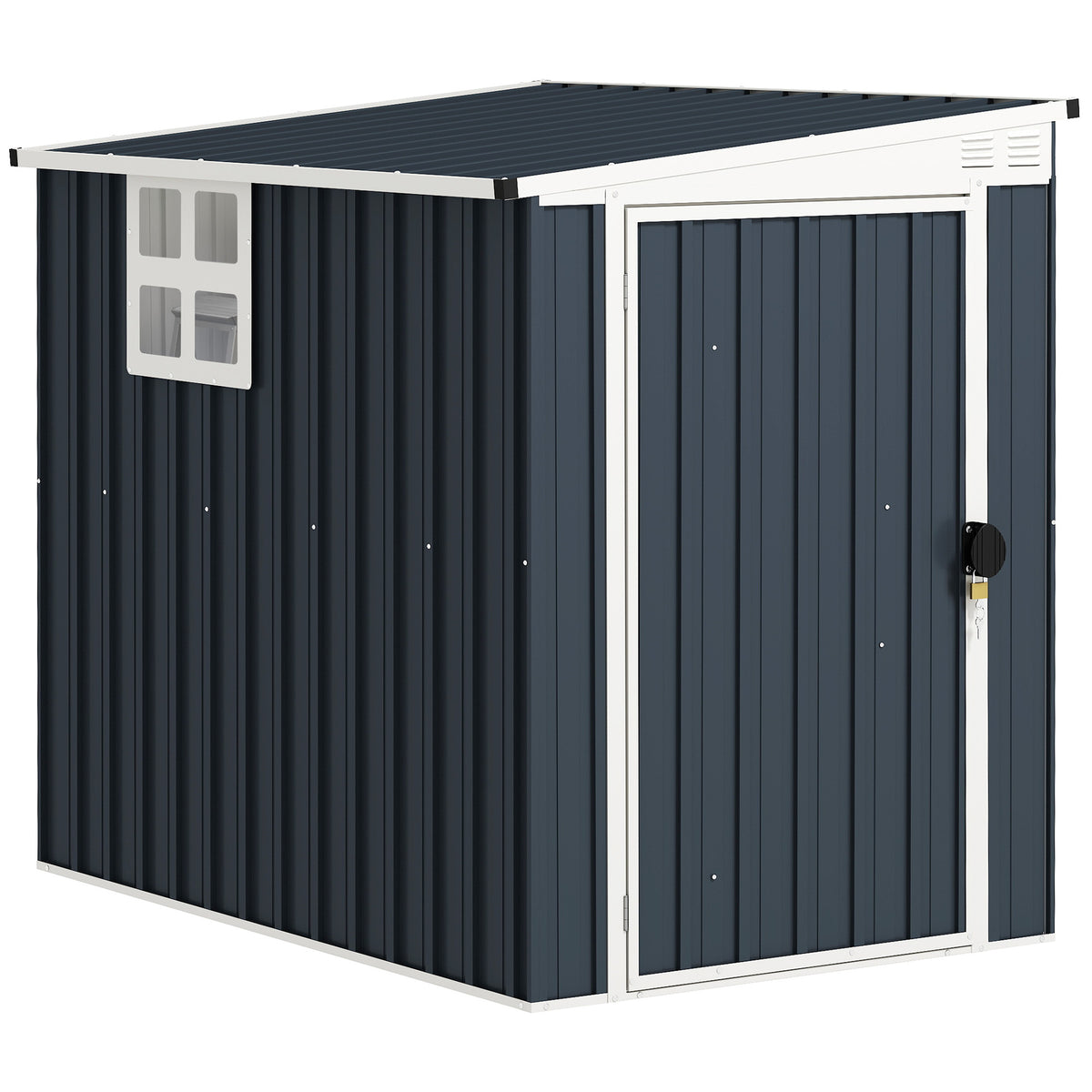 Outsunny 4 x 6ft Lean to Garden Metal Shed, Outdoor Storage Shed with Window, 2 Vents and Lockable Door for Patio, Dark Grey