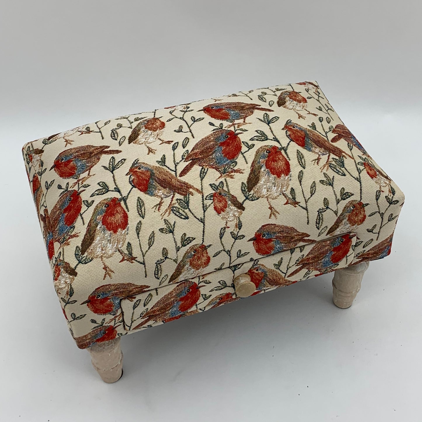 AcaciaHome Stylish & Durable Tapestry Deluxe Upholstered Ottoman Footstool with Drawer - Solid wood Lounge Padded Removable Legs Stool for Home, Bedroom, Living Space or Office (Robin Bird)