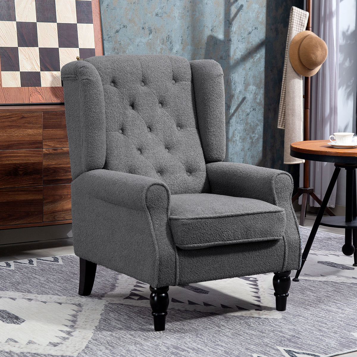 HOMCOM Teddy Fleece Retro Wingback Chair - Grey