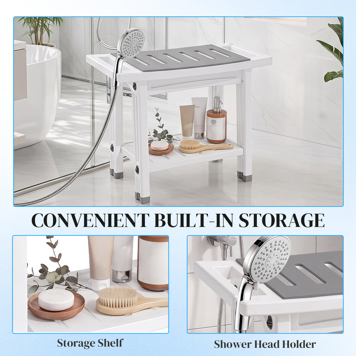 HOMCOM Shower Bench 2-Tier Shower Stool Bathroom with Shelf White and Grey