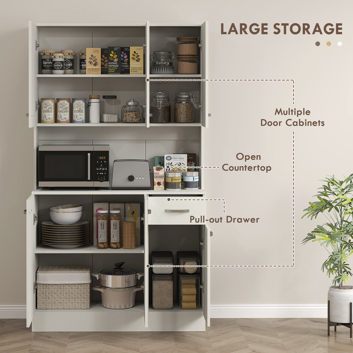 HOMCOM Freestanding Kitchen Pantry Storage Cabinet with Adjustable Shelves & Middle Worktop - White