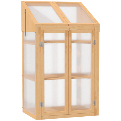 Outsunny Wooden Cold Frame Polycarbonate Greenhouse with Openable Top Cover and Double Door, Grow House for Flower, Vegetable and Plants, 70 x 50 x 120cm, Brown
